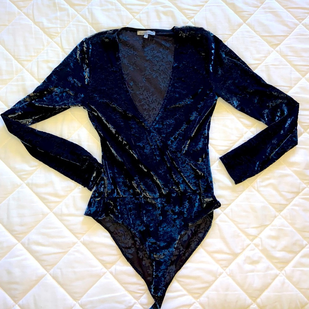 Navy blue floral print velvet appliqué body suit